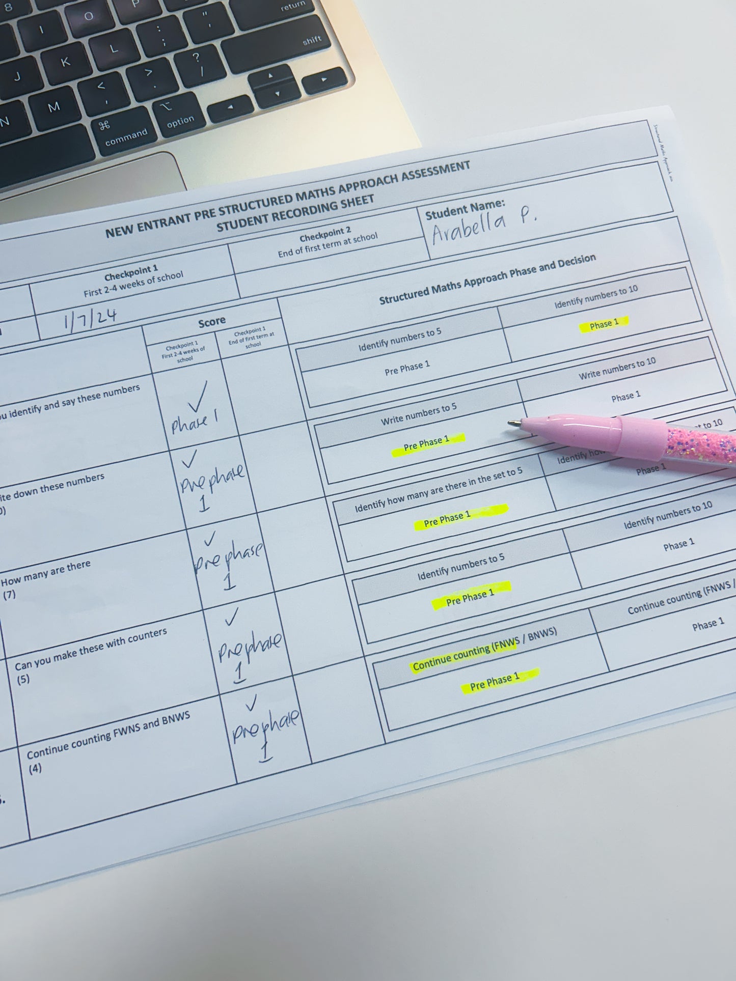 New Entrant Pre Structured Maths Approach Assessment